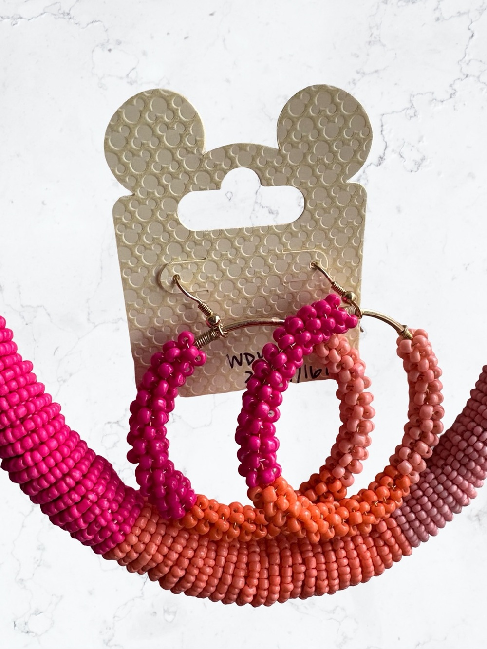 Disney Pink & Coral Seed Beaded Necklace Set Earrings Bracelet - Picture 3 of 4